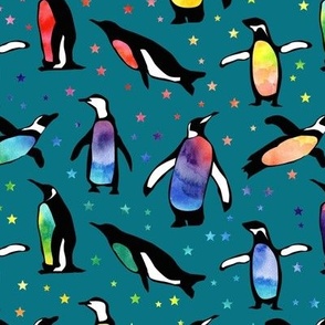 rainbow penguins -  teal medium size