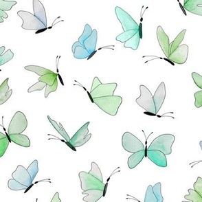 watercolor butterflies - green mix on white - ELH
