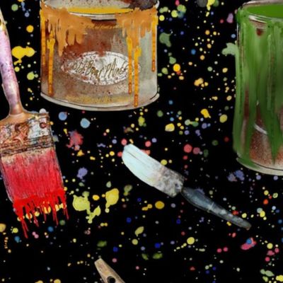 vintage-paint-cans-brushes-spatters-red-orange-yellow-green-blue-on-black-bkgd