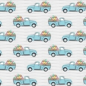 (small scale) pastel vintage trucks with Easter eggs - Easter Fabric - grey stripes C22