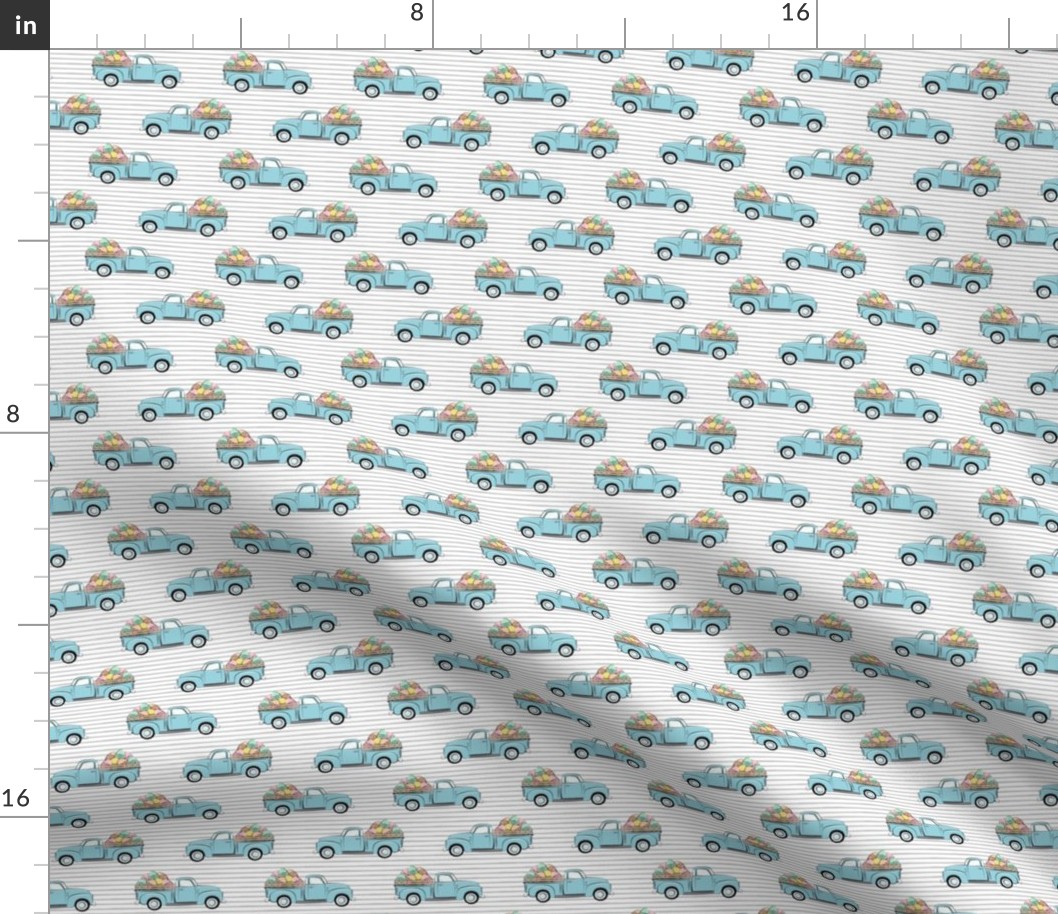 (small scale) pastel vintage trucks with Easter eggs - Easter Fabric - grey stripes C22