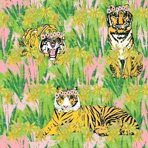 Tigers in Flower Crowns lounging in a daffodil field