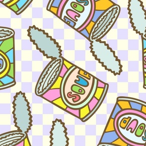 Pop Art Soup Cans Cartoon Kitchen Fun Food in Retro 80s Y2K Colours on Lavender Purple Cream Checkerboard - LARGE Scale - UnBlink Studio by Jackie Tahara