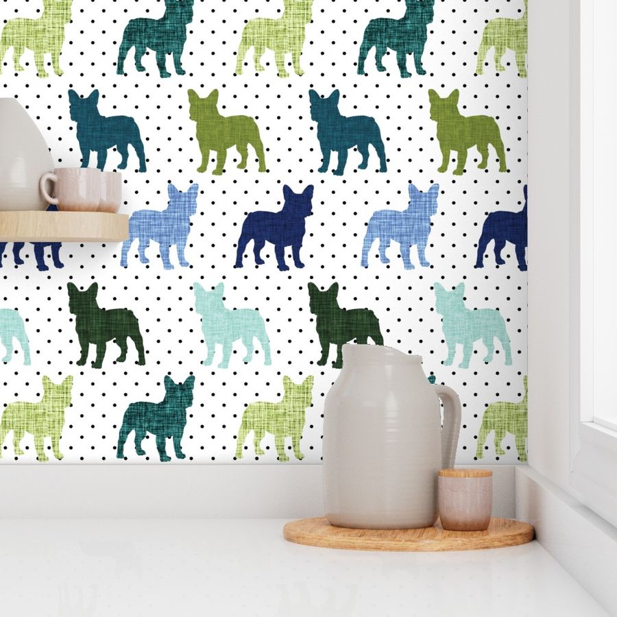 polka dot french bulldogs + deep sea, lime no. 2, hunter, aqua, cobalt, cornflower, 120-16, 165-8 