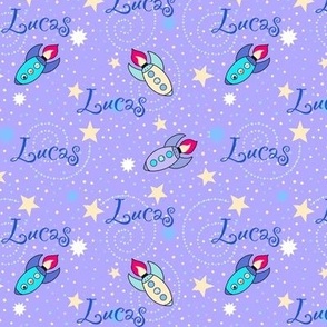 Lucas name on purple background with stars and rockets 