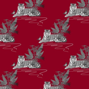 Year of the Tiger (motif) - greyscale on ruby red, medium