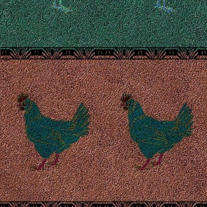 Yellow Rooster and Green Hen on Velvety Stripes  