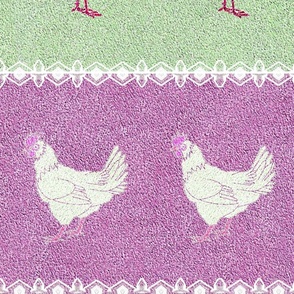 Pastel Rooster and Chicken on Pink and Mint Green Stripes 