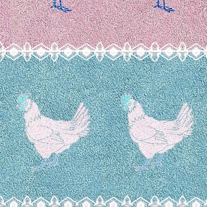 Pastel Rooster and Chicken on Mint Green and Pink 
