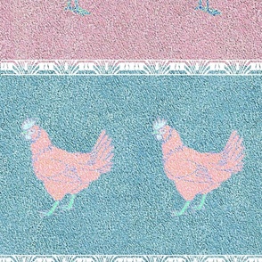 Pastel Rooster and Chicken on Pink and Pale Green 