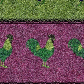 Rooster and Hen on Pink and Green Barnyard Stripes 