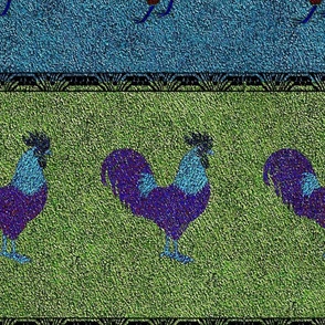 Rooster and Hen on Teal Blue and Green Barnyard Stripes 