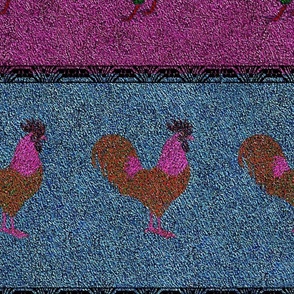 Rooster and Hen on Dusty Blue and Burgundy Stripes  