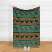 Rooster and Hen on Brown and Green Stripes 