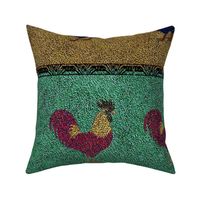 Rooster and Hen on Brown and Green Stripes 