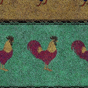 Rooster and Hen on Brown and Green Stripes 