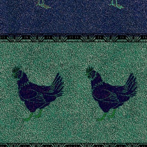 Rooster and Hen on Green and Dusty Blue Stripes 