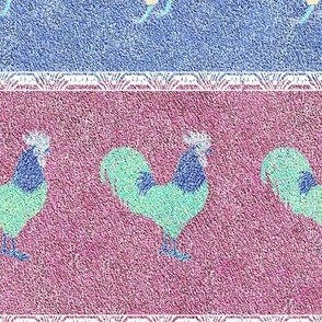 Pastel Rooster and Hen on Dusty Velvety Stripes 