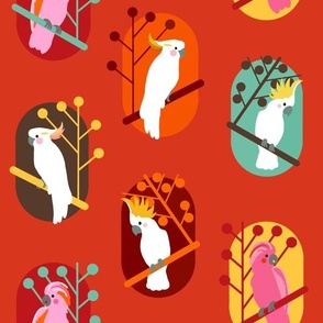 Cockatoo Deco, Bold Colors on Paprika Red