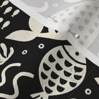 Mermaid Fish Block Print Black White