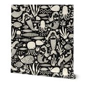 Mermaid Fish Block Print Black White