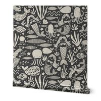 Mermaid Fish Block Print Black White