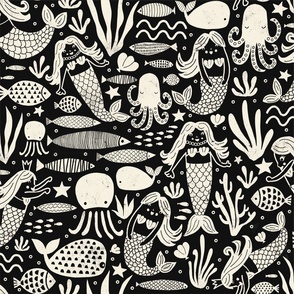 Mermaid Fish Block Print Black White