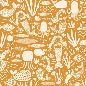 Mermaids Block Print Ochre White