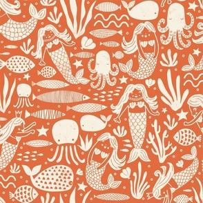 Underwater Blockprint Retro Orange Red