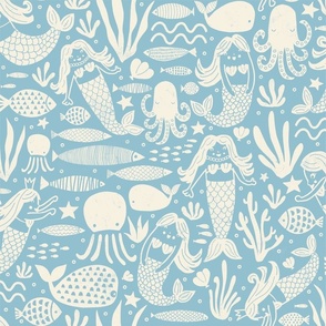 Mermaids and Fish Light Blue