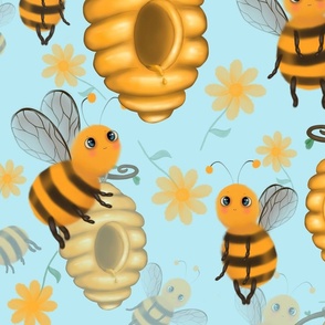 Sweet bees and beehive  - blue background & large scale
