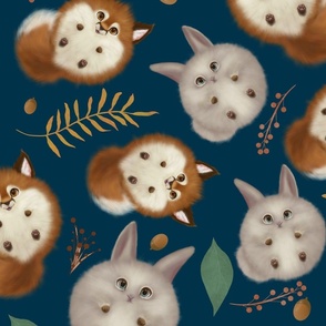 Round foxes and bunnies - blue background & large scale