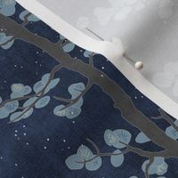 Forest Fabric, Crane Fabric in Midnight & Gold (small scale) | Bird fabric in dark blue, navy blue with red and gold. Japanese print fabric, tree fabric with cranes and snow.