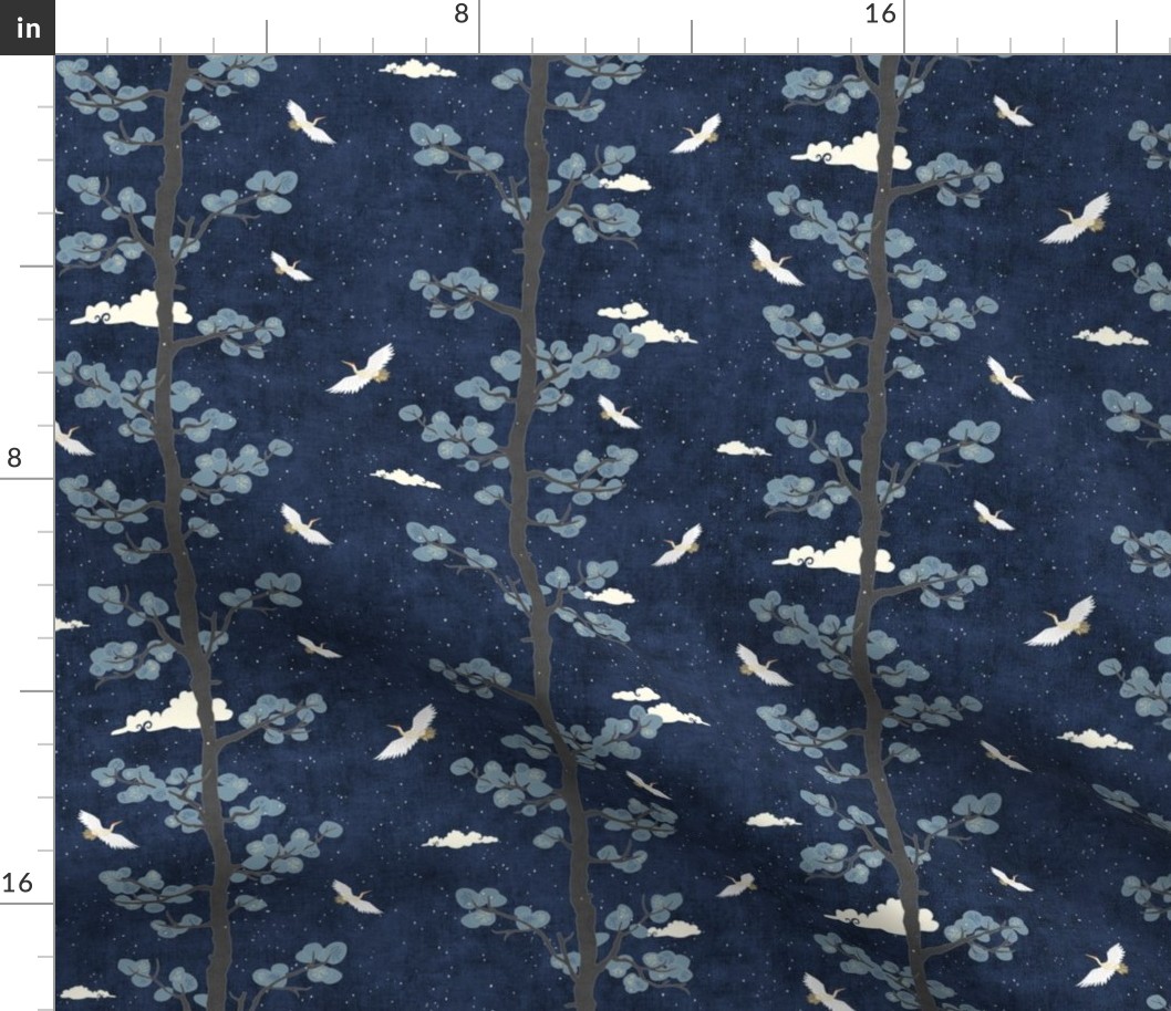 Forest Fabric, Crane Fabric in Midnight & Gold (small scale) | Bird fabric in dark blue, navy blue with red and gold. Japanese print fabric, tree fabric with cranes and snow.