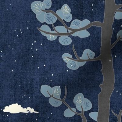 Forest Fabric, Crane Fabric in Midnight & Gold (xl scale) | Bird fabric in dark blue, navy blue with red and gold. Japanese print fabric, tree fabric with cranes and snow.