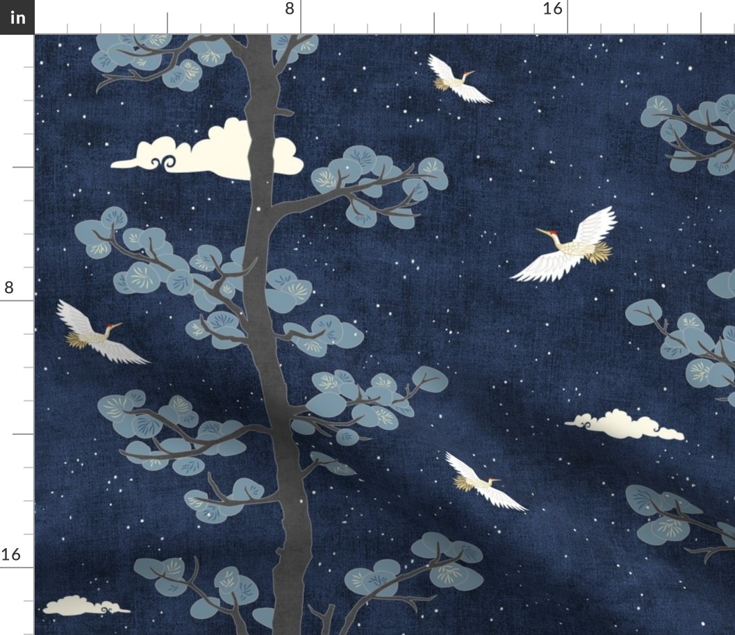 Forest Fabric, Crane Fabric in Midnight & Gold (xl scale) | Bird fabric in dark blue, navy blue with red and gold. Japanese print fabric, tree fabric with cranes and snow.