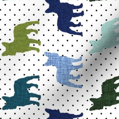 rotated polka dot french bulldogs + deep sea, lime no. 2, hunter, aqua, cobalt, cornflower, 120-16, 165-8