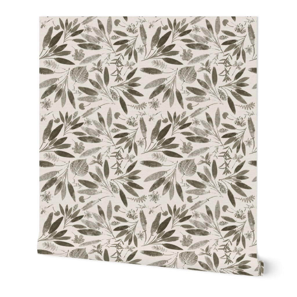 block print griege taupe leaves