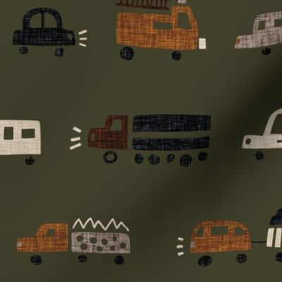 olive cars and trucks + 13-2, mud, tawny, hickory, midnight