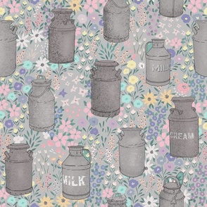 Milk cans - floral grey