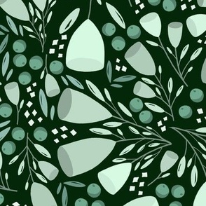 Folk Berries Floral - Dark Green Monochrome