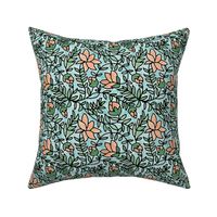 Block Print Peachy Blooms on Turquoise