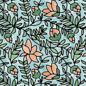 Block Print Peachy Blooms on Turquoise