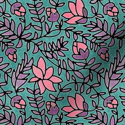 Block Print Pink and Purple Blooms on Turquoise