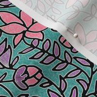 Block Print Pink and Purple Blooms on Turquoise