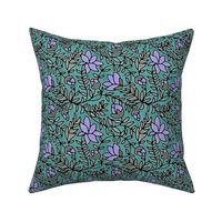 Block Print Periwinkle Blue Blooms on Turquoise