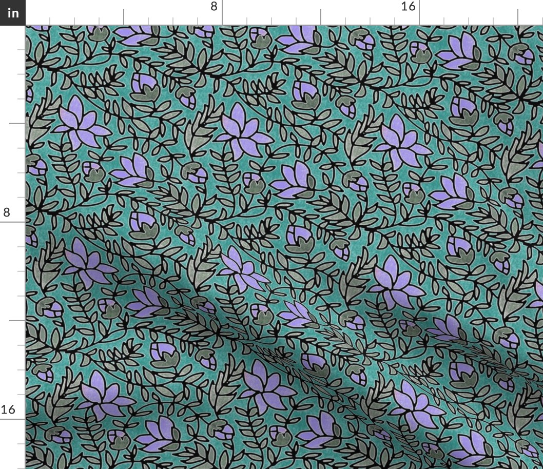 Block Print Periwinkle Blue Blooms on Turquoise