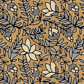 Block Print Cream Blooms Gray Leaves on Golden Brown