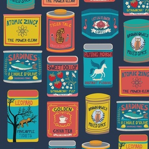 Vintage Canned Goods - Retro tins in brights on navy
