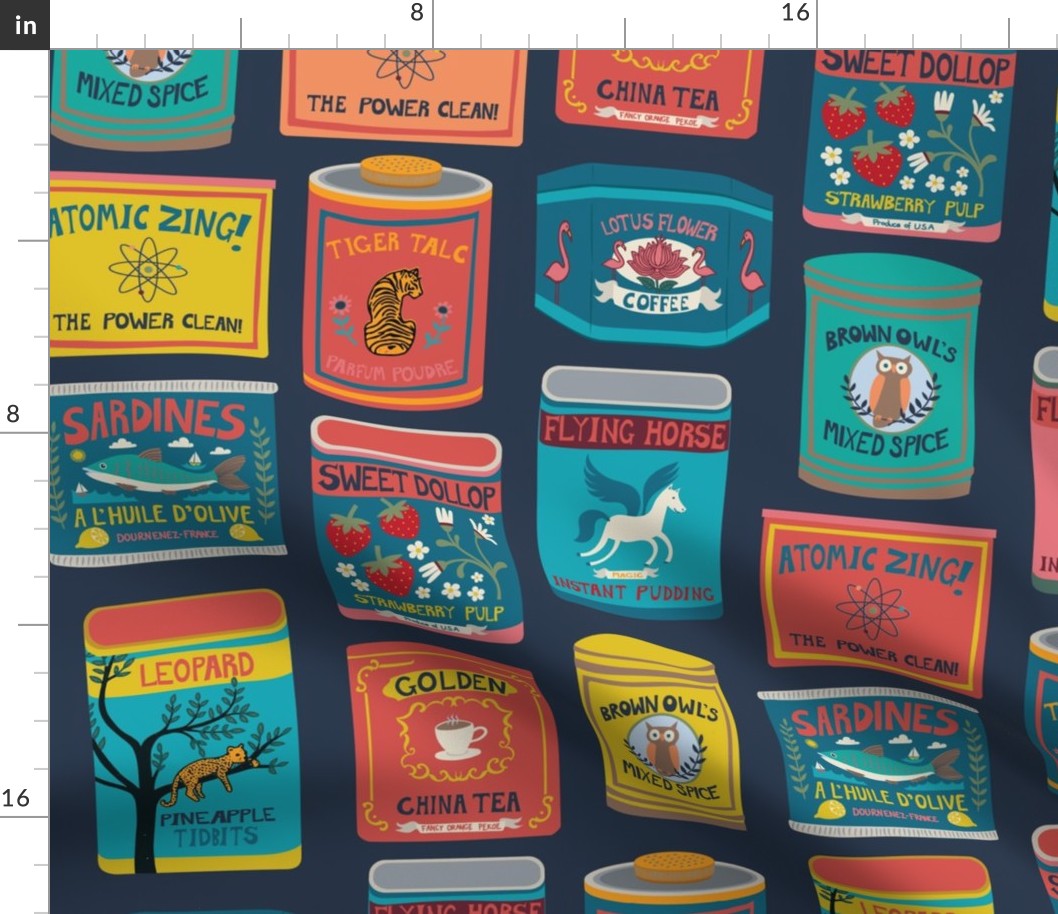 Vintage Canned Goods - Retro tins in brights on navy - Large scale